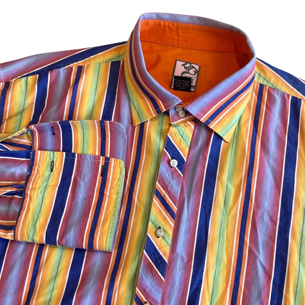 Vintage Raw Blue Nu Realms Shirt Mens 3XL Rainbow Stripe Button Down French Cuff